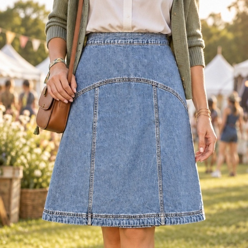 Old Navy Drapey Denim High Rise Western Mid Bekkah Paneled Midi Skirt Blue 8